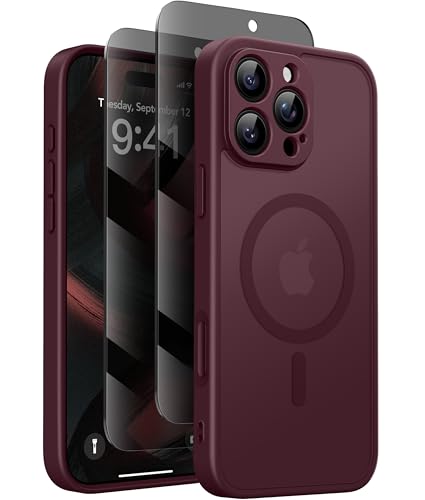 Magnetische Hülle für iPhone 16 Pro Max mit Sichtschutz[Kompatibel mit MagSafe][Stoßfest und langlebig & Magnetkraft][Kameraschutz]Halbtransparent Matte iPhone 16 Pro Max Handyhülle Rotwein