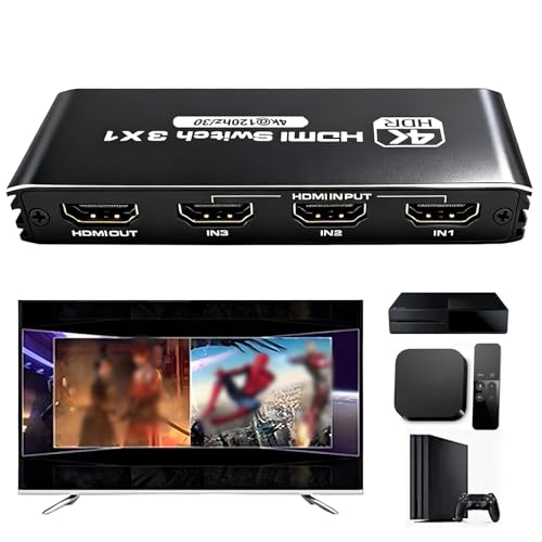 HDMI Switch 3 en 1 Out 4K 120Hz HDMI Splitter con mando a distancia, 8K 30Hz HDR10+ CEC HDCP2.3, Distribuidor Conmutador para PS5/PS4/3, Xbox, Switch, Blu-ray, PC, Beamer, TV, Adaptador Hub
