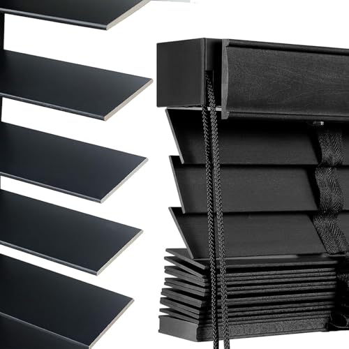 Persiana Veneciana Madera Lamas 50mm Personalizable Blackout Persianas Venecianas Horizontales Privacidad y Control de La Luz Cortinas Opacas para Puerta Francesa(Black)