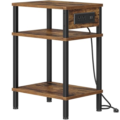 Creso hom Side Table with Charging Station, End Tables Living Room, 21.7 Inch Skinny Night Stand with Storage, Small Bedside Tables for Bedroom, Office, Dorm, Hallway, Rustic Brown