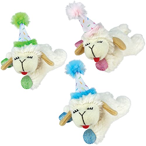 Multipet Lamb Chop w/Birthday Hat Assorted Colors (Pink Green and Blue) 4 Pet Toy
