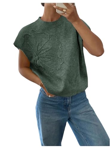 Women's Floral Short Sleeve Sweater Crew Neck Casual Pullover Tops Summer Knitwear