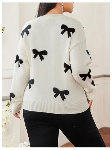 Image of RoseSeek Women's Plus Size Bow Sweaters V Neck Long Sleeve Knit Pullover Tops Soft Knitwear