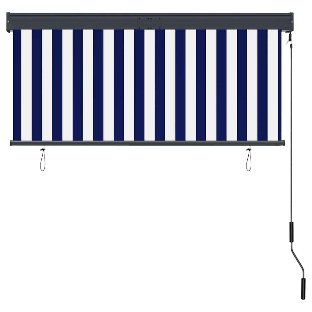 Roleta zewnętrzna 140 x 250 cm, niebiesko-biała, ochrona przed promieniowaniem UV, korbka ręczna, tkanina poliestrowa z powłoką PA, na balkon, taras, do ogrodu, ochrona przed słońcem