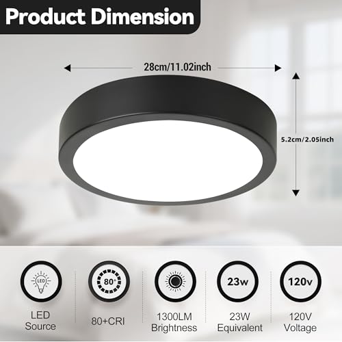 Image of 11 inch LED Flush Mount Ceiling Light, Black Mordern Ceiling Lighting with 5CCT 2700K-5000K, Dimmable LED Light Fixtures Ceiling Mount for Kitchen Bathroom Bedroom Hallway, 2 Packs
