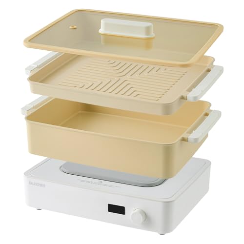 Dr.HOWS Doran Doran 3 in 1 Electric Skillet, Combo Multi Cooker, Rectangle Hot Pot Fryer Pan Griddle and Grill with Safe Nonstick Coating, Steady Heat, Glass Lid (yellow)