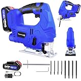 Upgraded Brushless Electric Jigsaw Tool, 400W 3000 SPM 21V Cordless Jigsaw with Battery and Charger, LED Light, 8PCS Blades, -45° to +45° Bevel Cutting Powerful Jig Saw Cutter for Wood Metal Cutting