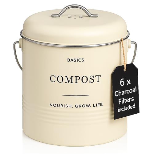 D'Lifeful Kitchen Compost Bin – 1.3 Gallon Countertop Farmhouse Compost Container with Lid – Odorless Indoor Food Scrap Pail with 6 Charcoal Filters – Eco-Conscious and Easy to Clean - Cream