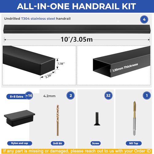 Image of 4Pack 10FT Stainless Steel T304 Black Handrail for Cable Railing with Nylon End Cap Kits, 2.36 inch W x 1.18 inch H Cuttable Flat Handrail Rectangular Top Rail for Stair Railing Indoor Outdoor