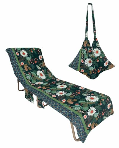 Green Boho Leaves Beach Chair Towel Covers for Chaise Lounge with Side Pocket, Soft Plush Pool Towels Cover for Patio Sunbathing Outdoor 29''x85'' Vintage Floral Botanical Bohemian