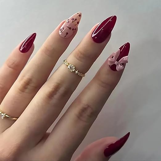 GHER Set Of 24 Artificial / Fake Reusable Press on Nails In Maroon and Pink Colour With Floral Detailing and 3D Bow, Korean Nail Press On Nail With Nail Polish. Artificial / Fake Stick On Nails in Classy Gel Finish Medium Almond Shape Nail Extensions With Glue.-image-17