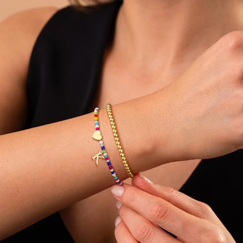 Ritach Colorful Initial Bracelets for Girls Women - Real Gold Plated Stretchable Beaded Bracelets Cute Heart Initial Bracelets for Girls Stackable Bracelets for Women Teen Girl Gifts3