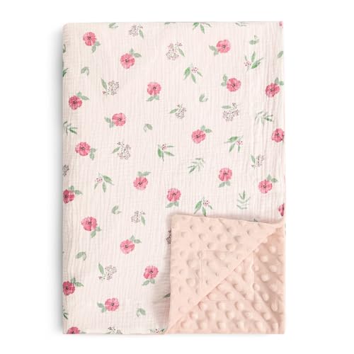 Image of david's kids Muslin Minky Baby Blanket for Girls with Muslin Cotton Front and Dotted Fleece Backing, Breathable and Soft Lightweight Receiving Blanket for Newborns, 30x40 Inches, Pink Floral