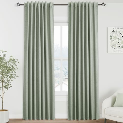 Nanspring Desert Sage 100% Blackout Linen Curtains 84 Inch Length 2 Panels Set for Bedroom Back Tab...