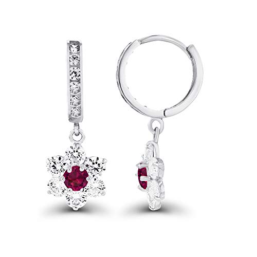 Sterling Silver Rhodium 3.5mm Created Ruby & Created White Sapphire Flower Dangling Huggie Earrings2
