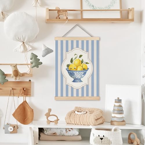 Image of PQKIY Blue and White Chinoiserie Porcelain Lemon Wall Art Poster Hanger Frame 12x16 in, Grandmillennial Summer Lemon Fruit Blue Striped Wall Decor Canvas Prints for Home Kitchen Bedroom Living Room
