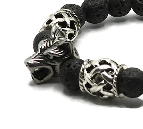 Miniatura 3 de Steel Norse Fenrir Wolf & Black Lava Rock Gemstone Bracelet