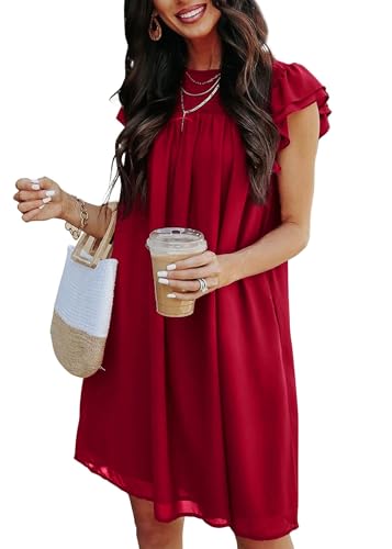 Image of KIRUNDO Wedding Guest Shift Dresses for Women Short Spring Summer Ruffle Cap Sleeve Chiffon Babydoll Flowy Mini Sundress(Red, X-Large)