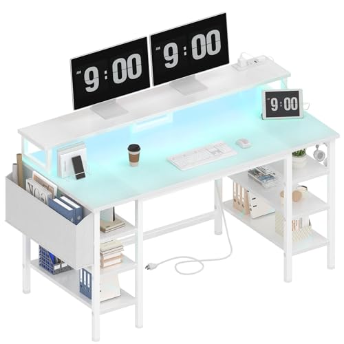 Image of Lufeiya White Desk with Storage Shelves - 47 inch Home Office Gaming Desk with Monitor Stand, Computer Desk with LED Lights and Power Outlets, White