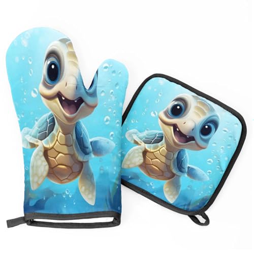 Ocean Cute Turtle Oven Mitts Kitchen Oven Gloves for Cooking Baking Heat Proof Lining Cotton Kitchen Potholder Mittens Pot Holders Hot Pads for Chef Women Men