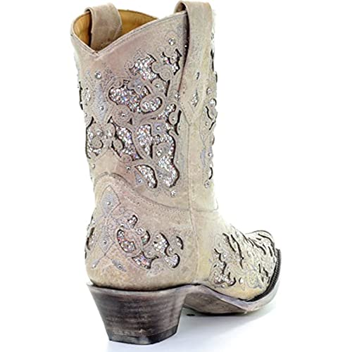Image of CORRAL Women's Snip Toe Wedding Embroidered Glitter Inlay and Crystals Handcrafted Pull-On Leather Over-the-Ankle Cowboy /Cowgirl Boots