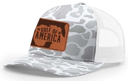 Trenz Shirt Company Mens Gulf of America Engraved Leather Patch Mesh Back Trucker Hat Blizzard Duck Camo