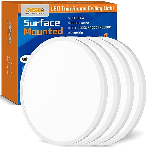 Allsmartlife 4-Pack LED Flush Mount Ceiling Light, 12inch 24W 2880lm Dimmable CCT 3000K/4000K/6500K Edge-Lit Thin White Round Flat Panel Light Surface Mount for Kitchen，Hallway，Bedroom