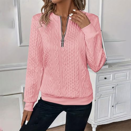 Quarter Zip Pullover Women Jacquard Long Sleeve Sweatshirts Loose Fit Casual Sweater Textured Solid Fall Tops 20252
