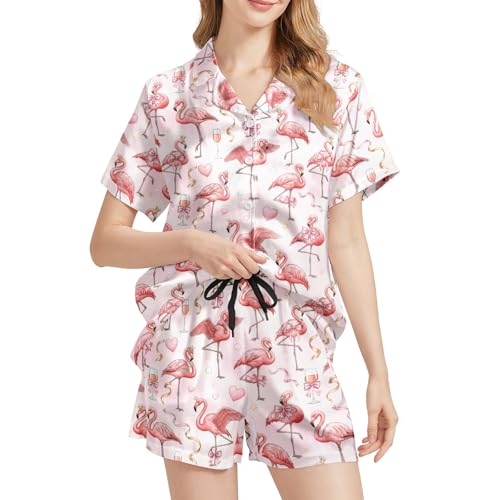 Image of Silk Satin Pajama Set for Women Summer Lounge Pjs Sets 2 Piece Suit Ladies Button Down Tops And Shorts Sleepwear