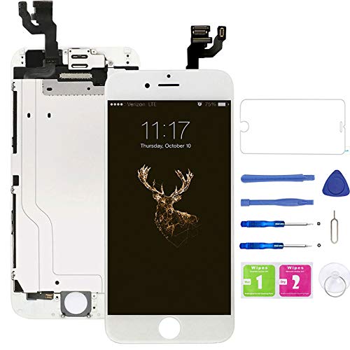 Pre-Assembled Screen Replacement for iPhone 6 White, LCD Display and Touch Screen Digitizer Replacement for A1549, A1586, A1589 w/Facing Proximity Sensor, Ear Speaker, Front Camera and Repair Tools
