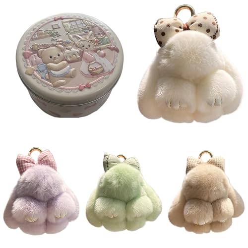 LUNAACTIVE Bunny Keychain with Tin Box Bunny Handmade Soft Pompom Charms with Bow Soft Bunny Keychain Accessories for Women (beige+box Small)