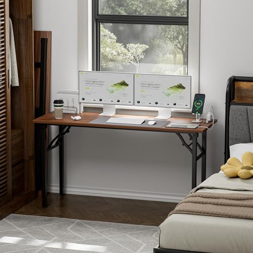Image of TEMI Long Computer Desk Folding Table - No Assembly, Compact 55.1 inch Foldable Desk with Power Outlets & USB Charging Port, Portable Lagre Office Desk, Ideal Large Study Table for Narrow Spaces, Walunt