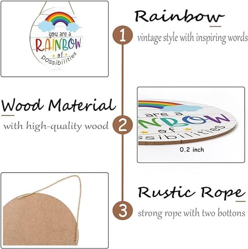 Image of ANGEL INFINITE inchYou are a Rainbow of Possibilities inch Wooden Wall Hanging Decor - Round Vintage Inspirational Sign for Kids Room, Nursery, & Home Office - Rustic Motivational Plaque, 30x30 cm
