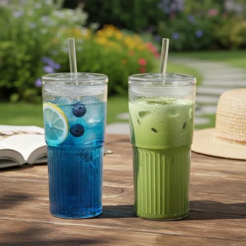 Image of ginoya brothers 600ml Glass Mason Tumbler with Lid and Straw - Leakproof Reusable Drinking Cup for Juice, Smoothies, Iced Coffee, Tea, Cold Beverages. (Pack of 2)