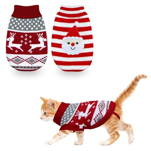2 Pack Cat Christmas Sweater, Knit Turtleneck Cat Sweater Clothes Reindeer Santa Christmas Sweaters Outfit for Cats Kitten Puppy Small Dogs XS