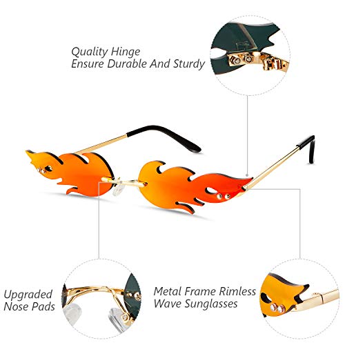 Frienda 2 Pairs Fire Flame Sunglasses for Women & Men Trendy Vintage 90s Style Rimless Sun Glasses with Unique Wave Flame Fun Party Photo Props Disco Accessories(Red and Black)3