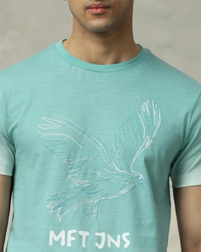 Image of MUFTI Turquoise Graphic Crew Neck T-Shirt