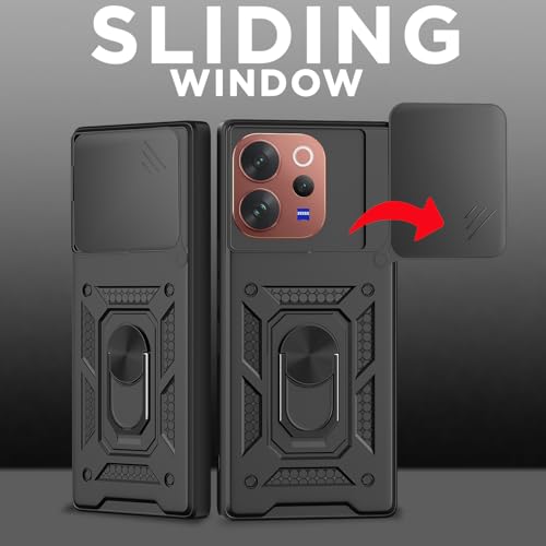 Image of Outlouders Back Cover for Vivo V70 5G | D10 Tough Armor 360 Protection Case with Sliding Camera Shield & Ring Holder Stand Bumper Case (Black)