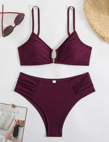 Tainehs Two Piece Swimsuits for Women Spaghetti Strap Bikini Sets Ruched V Neck Mid Rise Back Hook Bathing Suit Wine Red3