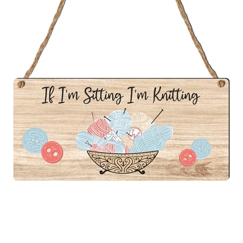If Im Sitting Im Knitting Plaque - Charming Sign for Knitting Enthusiasts and Crafters - Rustic MDF Wood Plaque with Vintage Twine Hanger for Indoor Decor (Small: 19 cm (H) × 9 cm (W))
