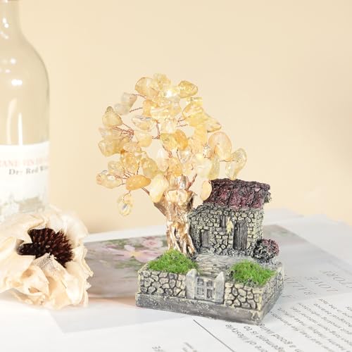 mookaitedecor 11cm Natural Citrine Crystal Tree House Rural Yard Ornament Micro Landscape Decoration Scenery Good Luck Yellow Room Decor - Image 4