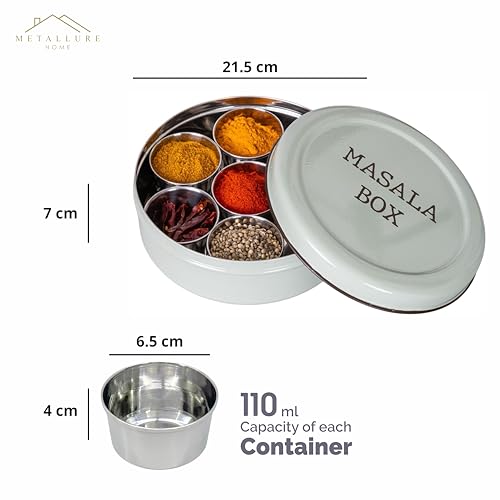 Image of Metallure Home Modern Stainless Steel Masala Box | Masala Dabba with 7 Containers and Spoon | Kitchen Spice Storage Container | Masala Dani (Spoon Included) | Handcrafted Aesthetic Design (Green)