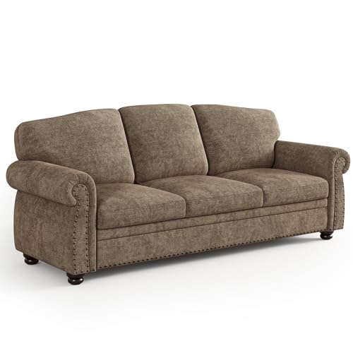 ONBRILL 90 Inch Nailhead Trim Couch for Living Room, 23 Inch Deep Seat Rolled Arm Sofa, Comfy Upholstered 3 Seater Chenille Couch w/Wooden Leg, Large Traditional Sofa for Farmhouse, Brown