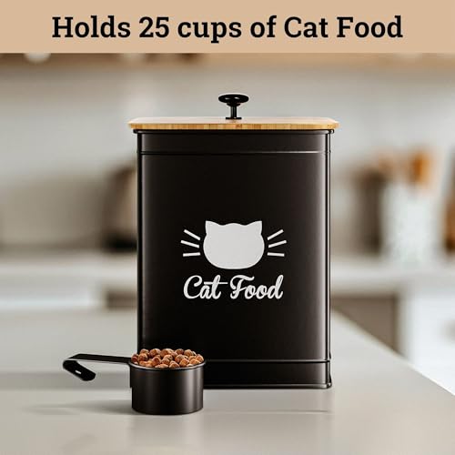 Cat Food Storage Container with Scoop - 5-7 lb (25 Cup) Capacity Metal Cat Food Container with Airtight Bamboo Lid and Metal Scoop - Airtight Pet Food Storage Containers 5 lb - 7 lb Kibble Container