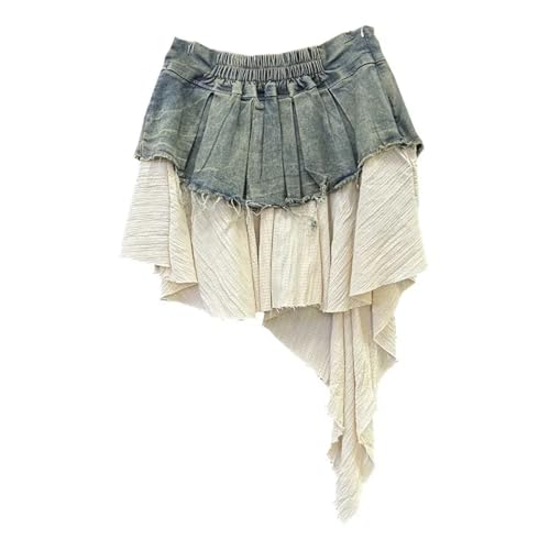 Retro Spliced Denim Pleated Skirt for Women Summer High Waist A-line Skirt2