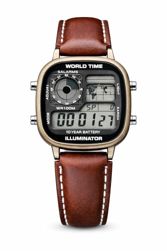 Image of Knights Digital Watch with Brown Leather Strap, World Time, 5 Alarms, Illuminator, WR100M, 10 Year Battery, Square Case