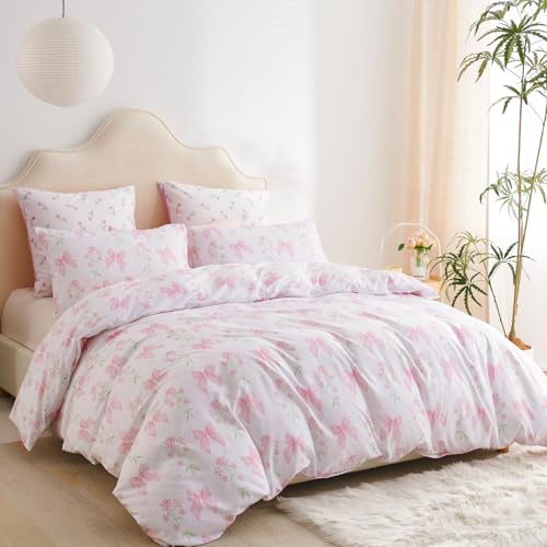 Jolusere Bow Bedding Duvet Cover Queen Girls Pink Floral Duvet Cover Set Romantic Princess Style Bowknot Bedding Set Ultra Soft Reversible Garden Flower Comforter Cover 3Pcs
