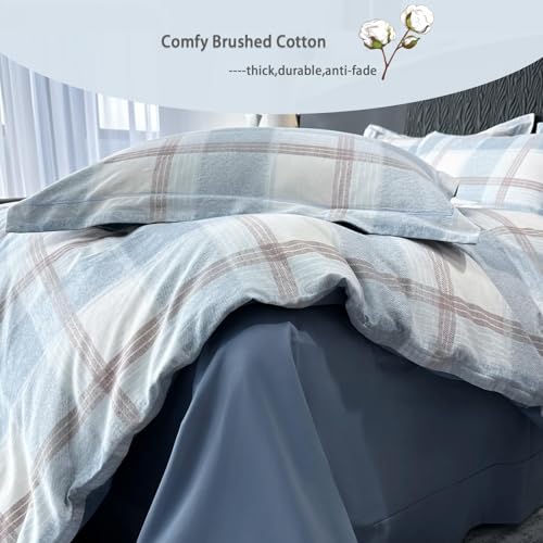 Image of VM VOUGEMARKET Blue Plaid Duvet Cover Queen,3 Pieces Soft Brushed Cotton Duvet Cover Set,Simple Modern Teen Boys Gingham Bedding Set Without Comforter-90x90 Inch