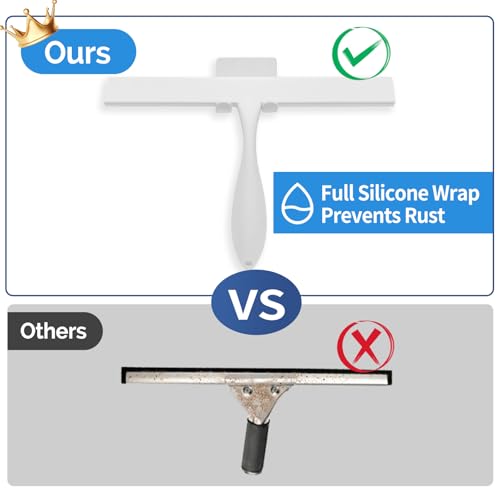 Image of FY&XZH Never Rust Silicone Shower Squeegee for Glass Doors with Hook, Bathroom Cleaner Tool, Household Window and Mirror Squeegee, Ergonomic Thick Handle Squeegee for Shower Glass, 11-Inch (White)