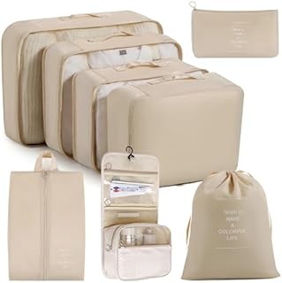 Packing Cubes for Suitcases, 8 Pcs Travel Packing Cubes, Luggage Suitcase Organizer Bags Set, Travel Organiser Packing Bags, Travel Backpack Essentials Accessories, Beige